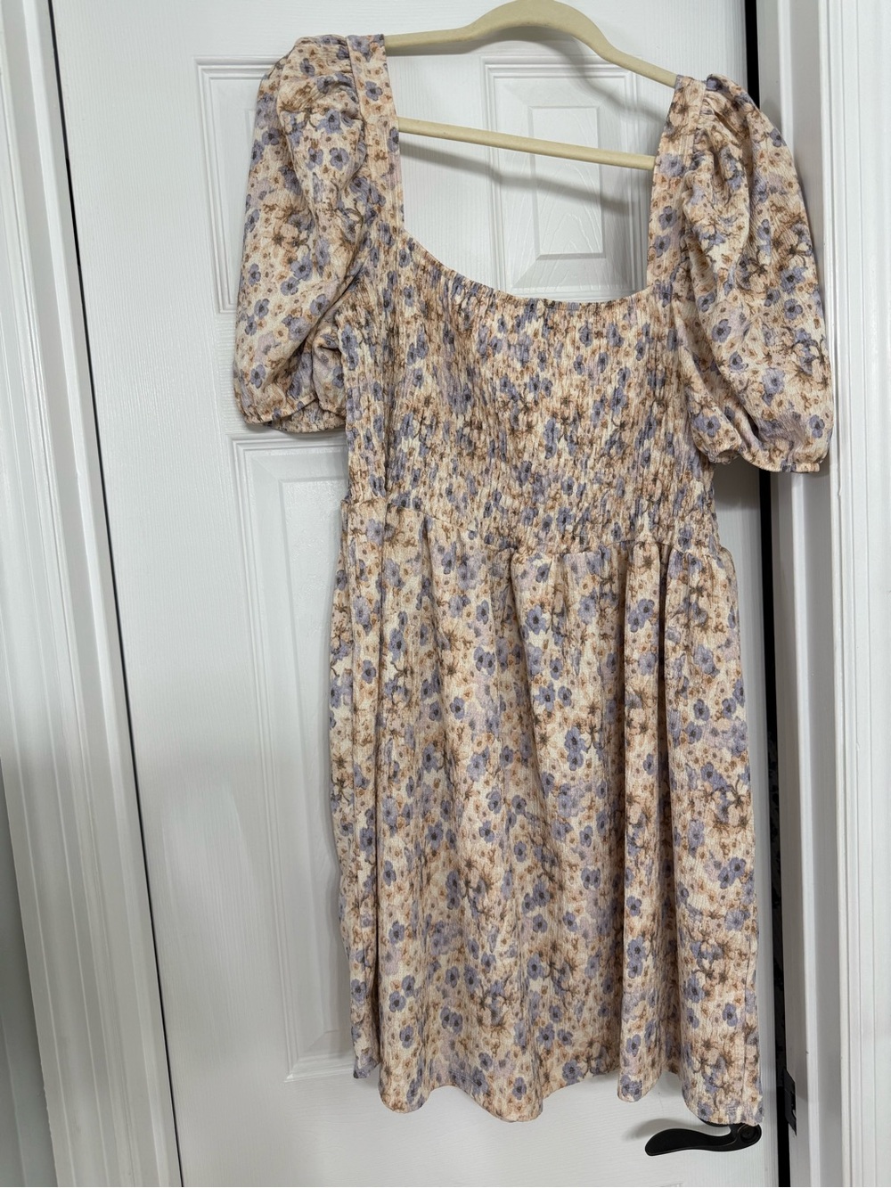 H&M Cream Dress with Lavender Floral Puff Sleeves